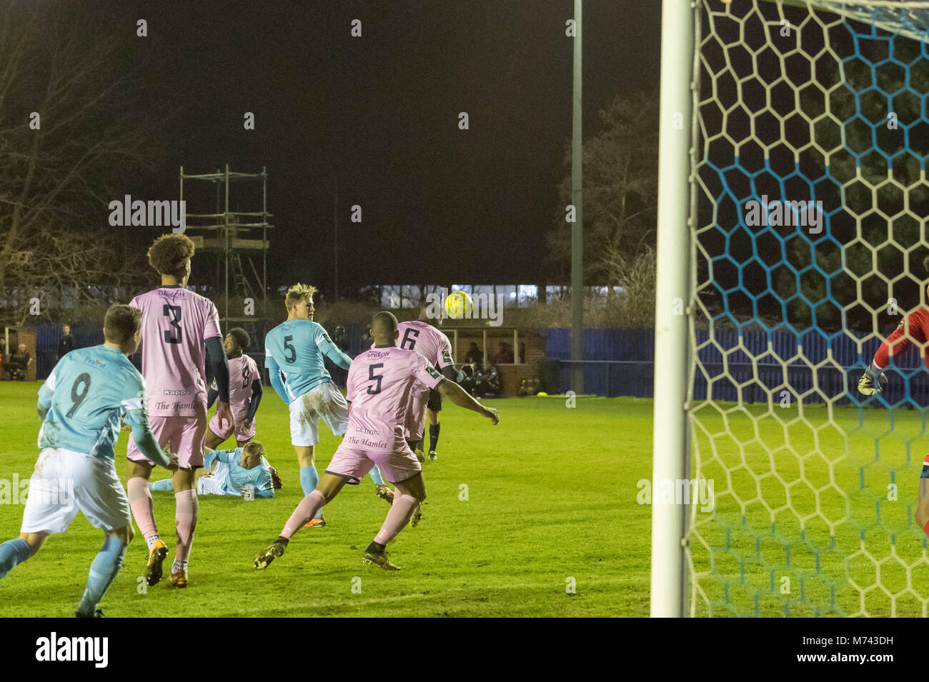 Brentwood, 8th March 2018, Brentwood FC (0) vs Dulwich Hamlets FC (1) in the Velocity Trophy Quarter Final: Anthony Archeampon (6) of Dulwich Hamlets heads the ball on a scramble round Dulwich Hamlets goal mouth Credit: Ian Davidson/Alamy Live News Stock Photo