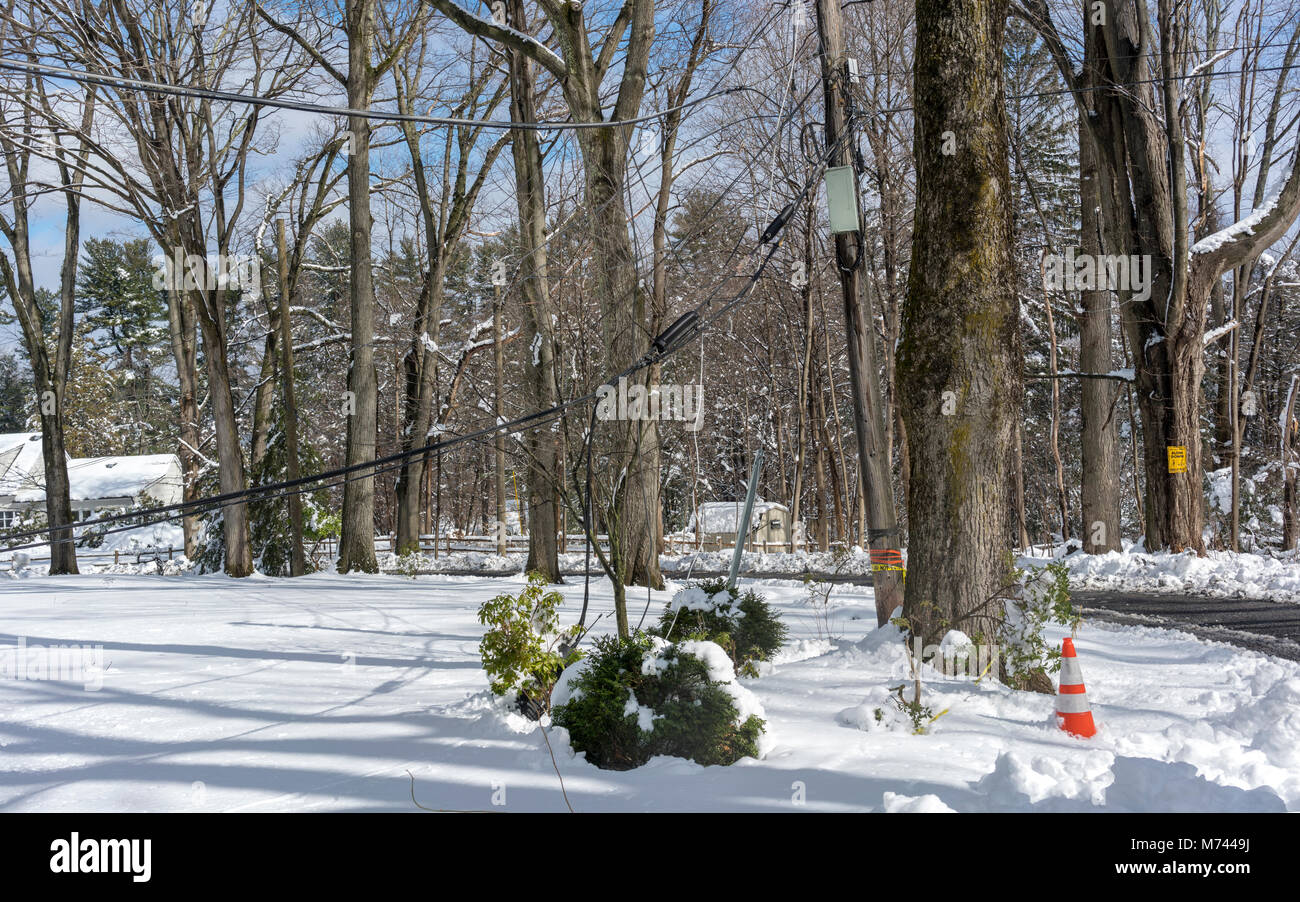 Chappaqua, NY, USA, 8th March 2018. With power and cable lines still down in some ares of town since last weeks' Nor'easter, the area is now hit the biggest snowstorm in years buries suburban Chappaqua, New York with up to 13.5 inches of snow in this suburban Westchester County town. Credit: Marianne Campolongo/Alamy Live News. Stock Photo