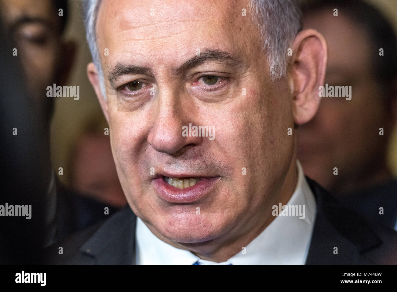New York, USA, 8 Mar 2018. Israeli Prime Minister Benjamin Netanyahu speaks to reporters during the opening of a special exhibit on Jewish presence in Jerusalem at the United Nations Headquarters in New York City,  Photo by Enrique Shore/Alamy Live News Stock Photo