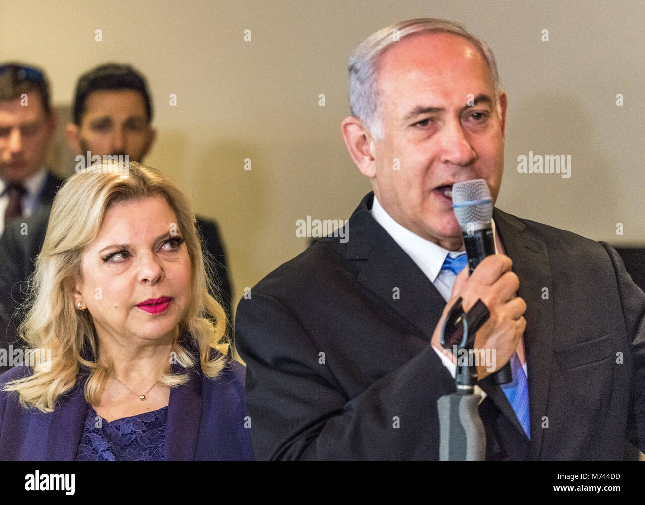 New York, USA, 8 Mar 2018. Sara Netanyahu looks at his husband Israeli Prime Minister Benjamin Netanyahu speaking during the opening of a special exhibit on Jewish presence in Jerusalem at the United Nations Headquarters in New York City,  Photo by Enrique Shore/Alamy Live News Stock Photo