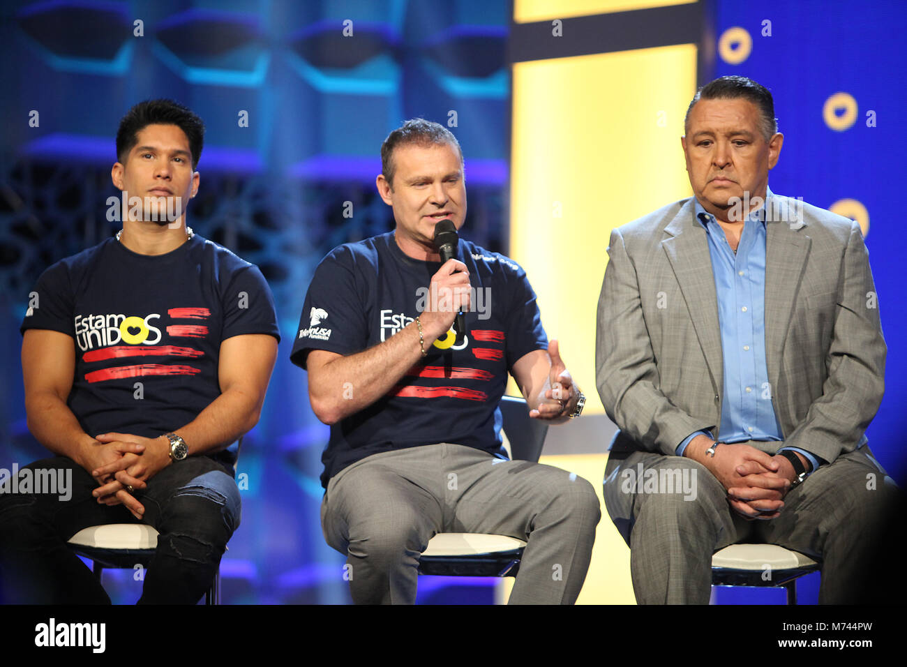 Doral, FL, USA. 8th Mar, 2018. Chyno Miranda, Alan Tacher and Pablo Ramirez Gomez pictured at the press conference for Teleton USA 2018 at Univision Studios in Doral, Florida on March 8, 2018. Credit: Majo Grossi/Media Punch/Alamy Live News Stock Photo