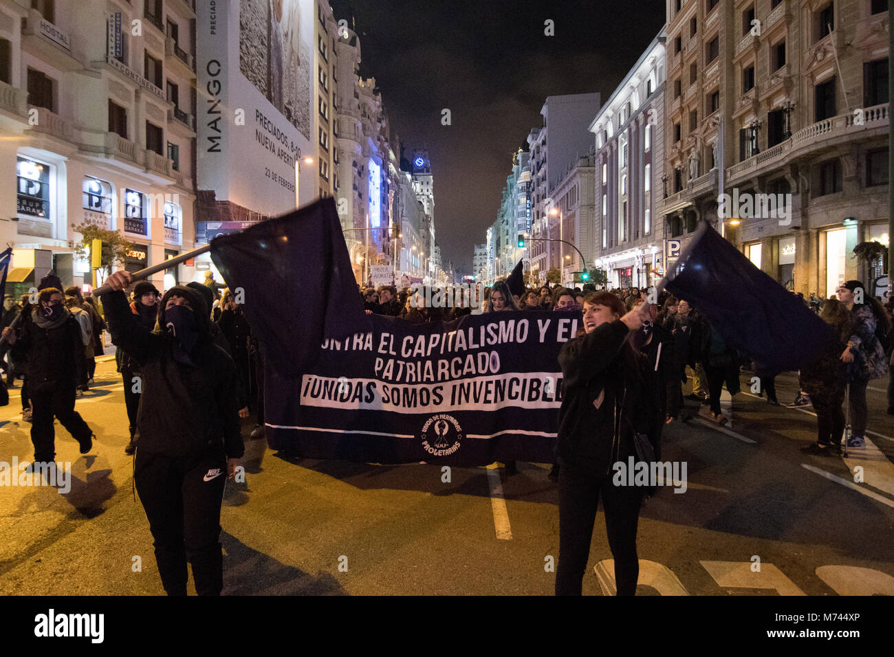 Madrid, Spain. 8th March, 2018. Banner against capitalism and patriarchy during the demonstration of the International Women's Day. © Valentin Sama-Rojo/Alamy Live News. Stock Photo