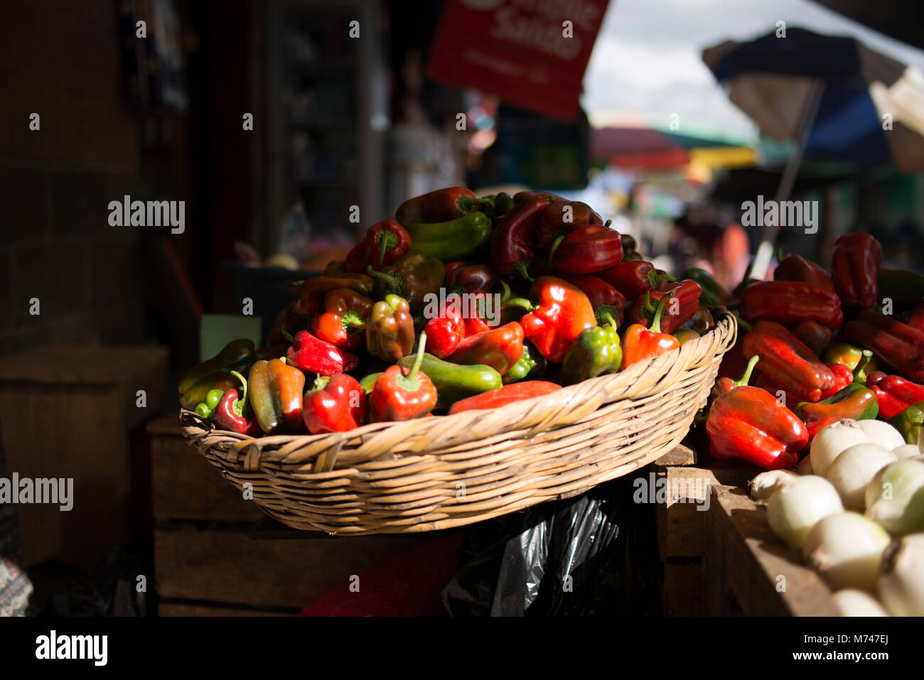 A basket piled with red and green peppers for sale at an outdoor Mayan ...