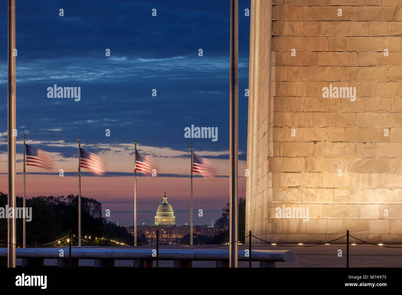 Dawn over Washington Monument and the US Capitol Building, Washington, DC, USA Stock Photo