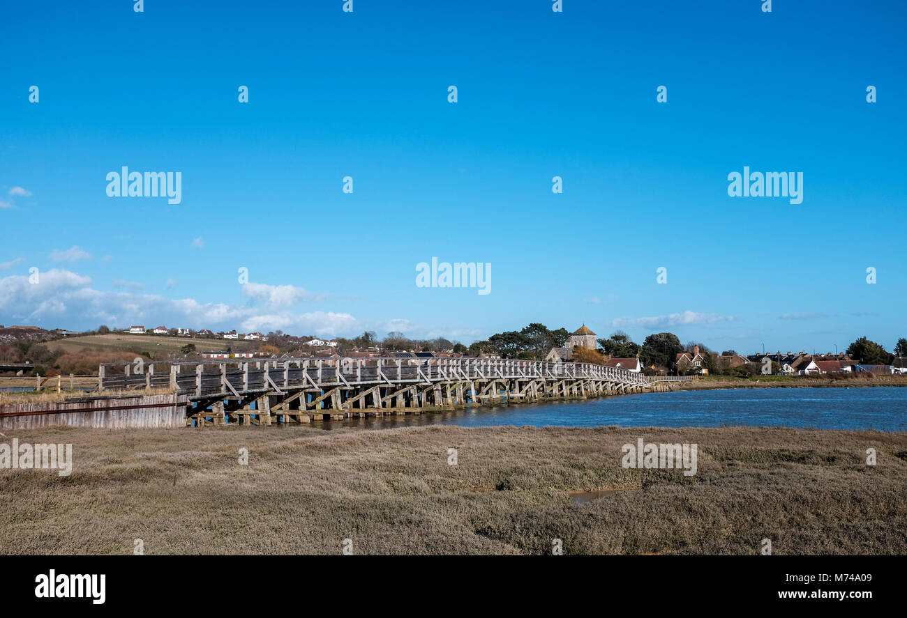 Shoreham by Sea views March 2018 - The old toll bridge across the River Adur with blue sky in winter Photograph taken by Simon Dack Stock Photo