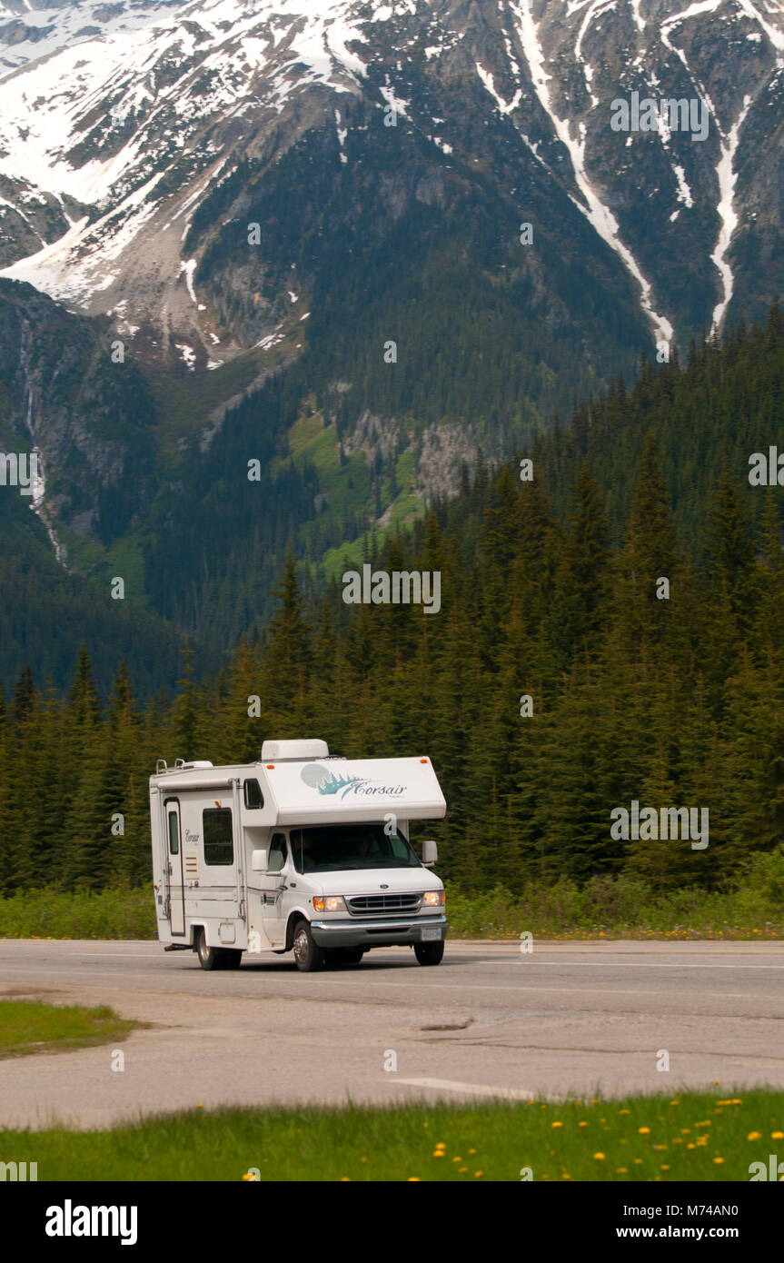 Motorhome at Rogers Pass, Rogers Pass National Historic Site, Glacier National Park, British Columbia, Canada Stock Photo
