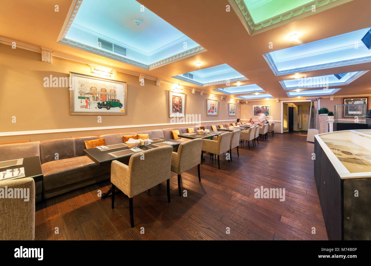 MOSCOW - JULY 2014: Interior of stylish Mediterranean cuisine Italian restaurant - 'SILLYCAT'. Catering Facilities Stock Photo
