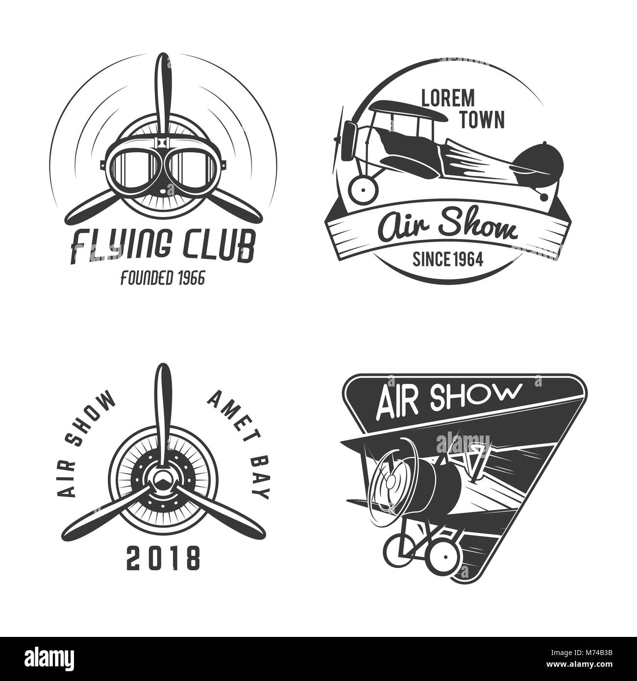 Vintage hand drawn old fly stamps. Travel or business airplane tour emblems. Biplane academy labels. Retro aerial badge isolated. Pilot school logos. Plane tee design, prints. Stock vector Stock Vector