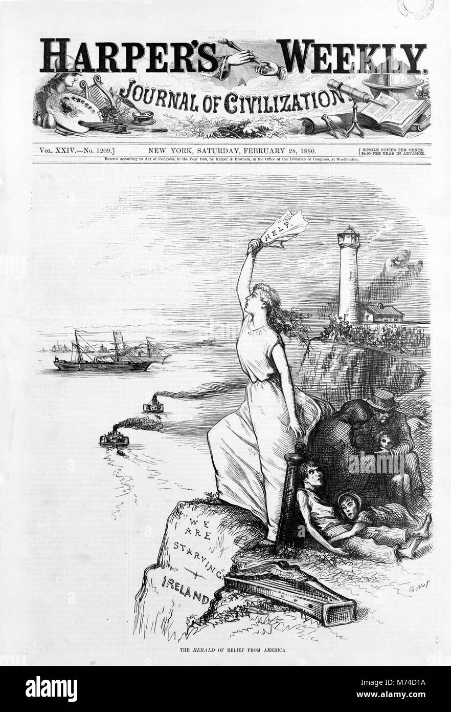 February 1880 cover of Harper's Weekly depicting the Irish Famine of 1879. The illustration is entitled "The Herald of relief from America". A woman is standing on an Irish cliff with a sign saying "Help" with an inscription below saying "We are starving - Ireland". Stock Photo