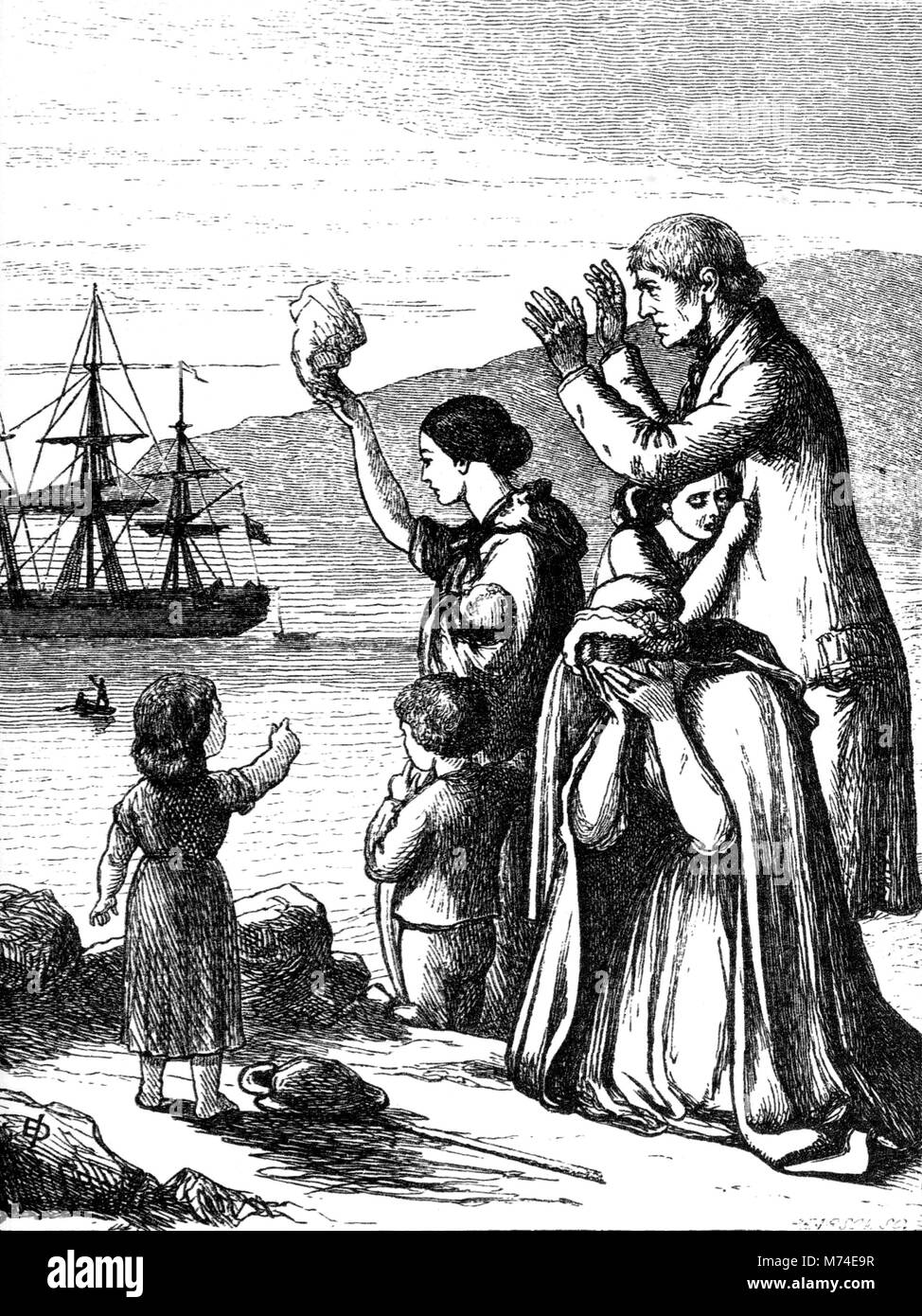 The Irish Potato Famine. Engraving entitled Emigrants leaving Ireland by Henry Doyle from An Illustrated History of Ireland by Mary Frances Cusack, 1868. Stock Photo