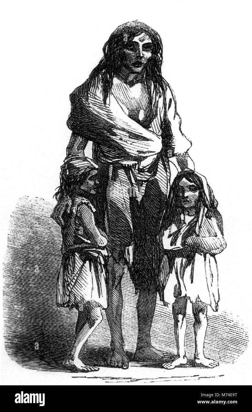 The Irish Potato Famine. An engraving from the Illustrated London News, dated December 22nd 1849, showing a starving woman and her children during the Great Famine in Ireland, which started in 1845. The picture depicts a woman named Bridget O'Donnel. Stock Photo