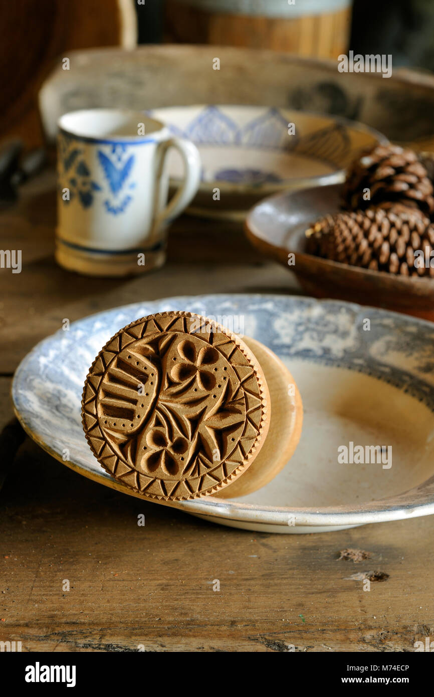 Instrument to mark cakes (Chavão). Casa Etnográfica da Urzelina, traditional kitchen of São Jorge. Azores islands, Portugal Stock Photo