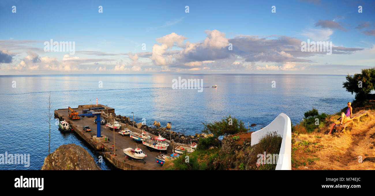 Contemplation of the sea. Vila Nova do Corvo at twilight. Corvo island. Azores, Portugal Stock Photo