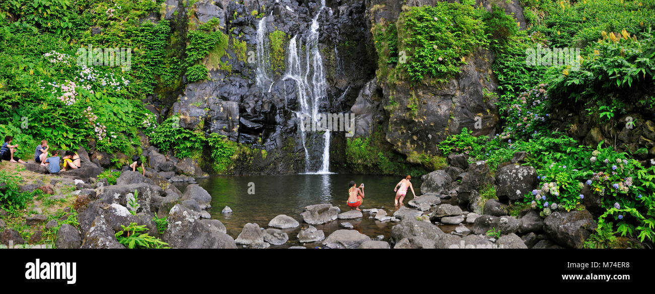 Poço do Bacalhau, Fajã Grande, with waterfalls, Flores island. Azores, Portugal Stock Photo