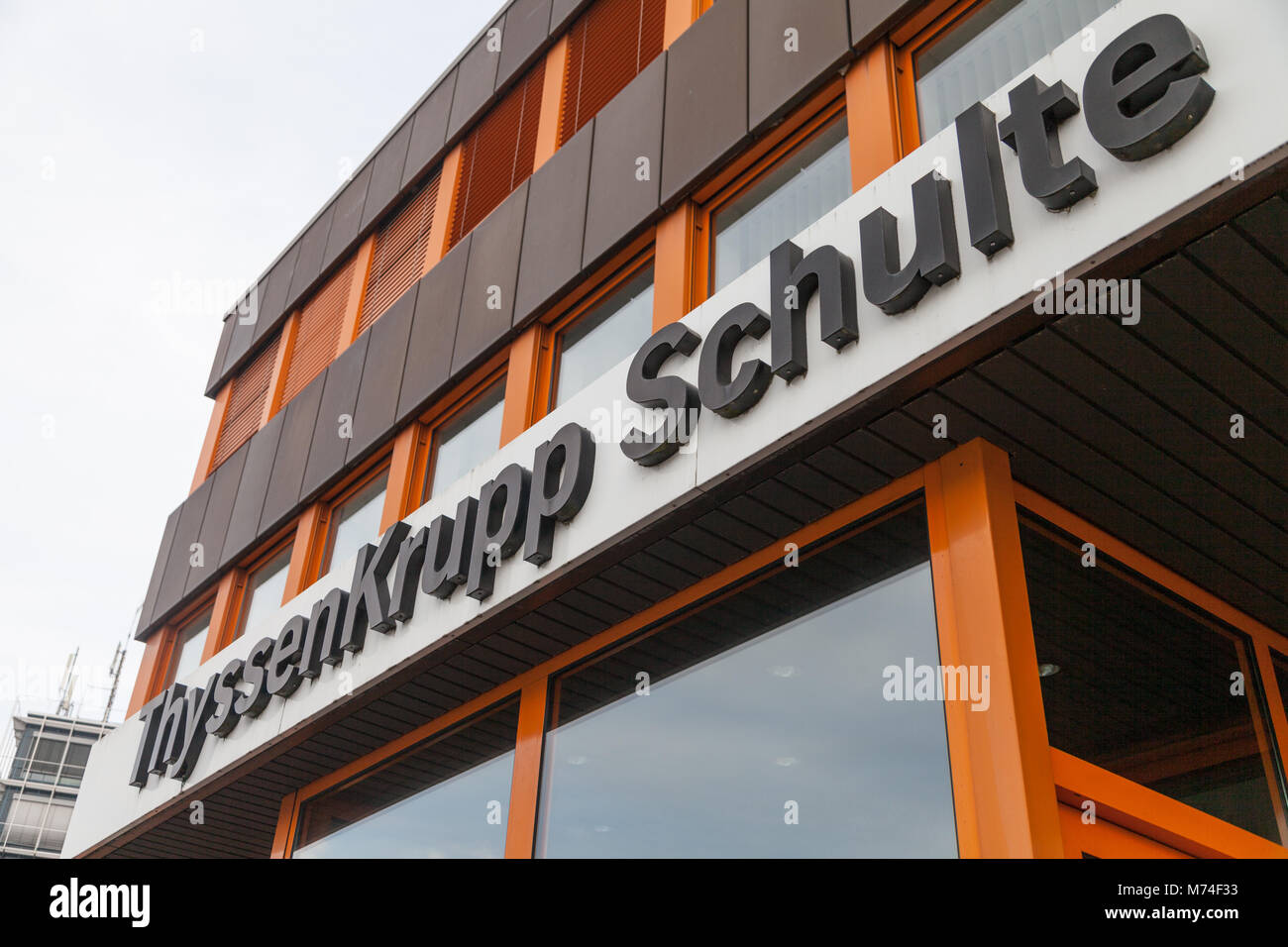 NUERNBERG / GERMANY - MARCH 4, 2018: German steel producer ThyssenKrupp logo on entrance building. Stock Photo