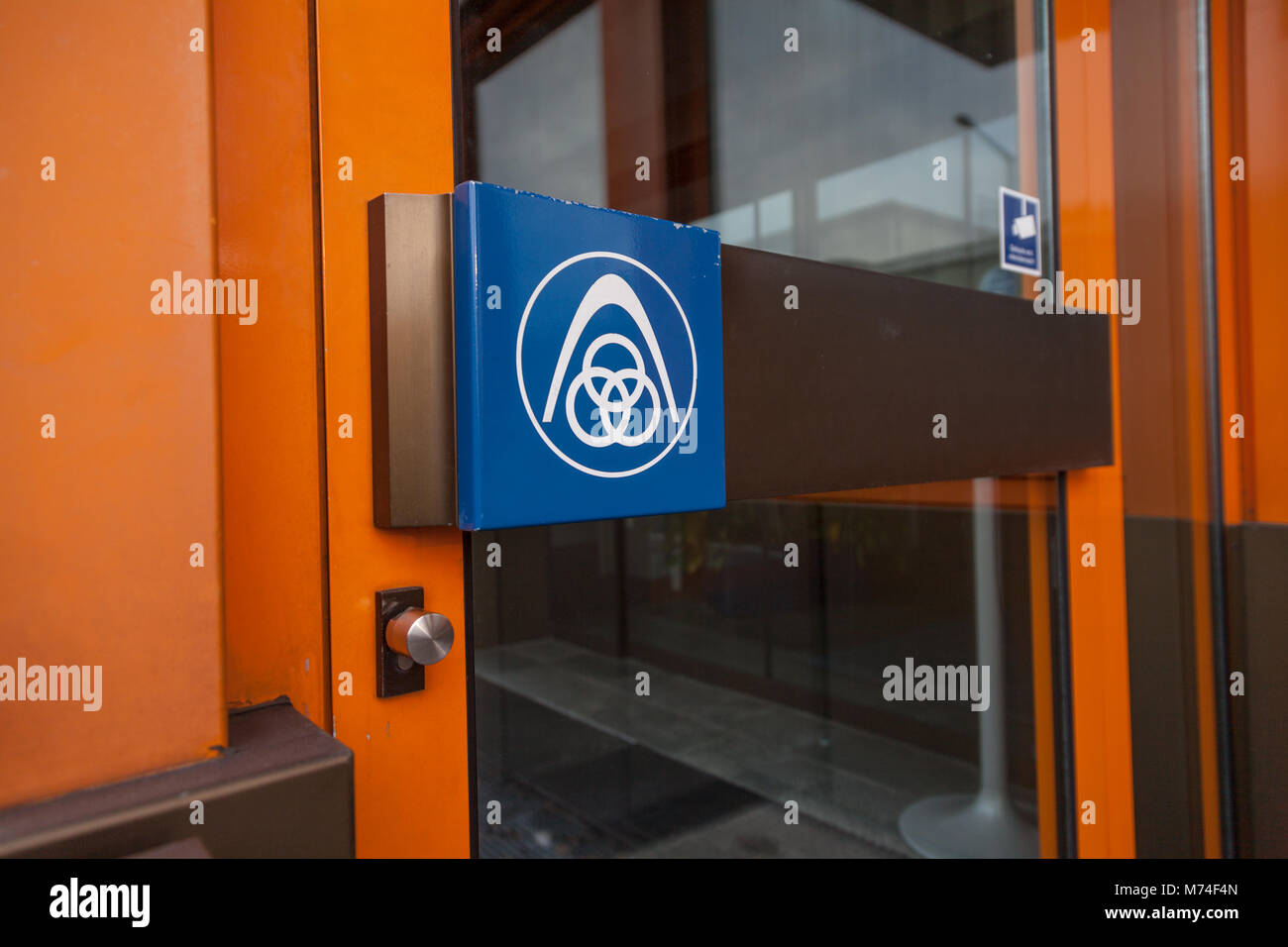 NUERNBERG / GERMANY - MARCH 4, 2018: German steel producer ThyssenKrupp logo on entrance building. Stock Photo