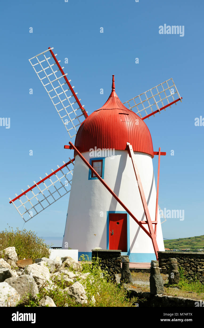 Traditional windmills at São Mateus (Praia), Graciosa island. Azores. Portugal Stock Photo