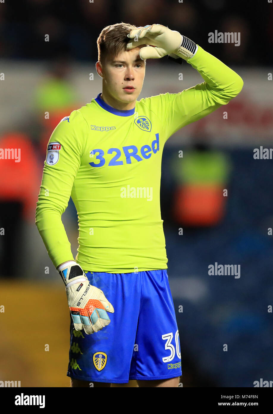 Leeds United goalkeeper Bailey Peacock-Farrell during the Sky Bet Championship match at Elland Road, Leeds. PRESS ASSOCIATION Photo. Picture date: Wednesday March 7, 2018. See PA story SOCCER Leeds. Photo credit should read: Simon Cooper/PA Wire. RESTRICTIONS: EDITORIAL USE ONLY No use with unauthorised audio, video, data, fixture lists, club/league logos or "live" services. Online in-match use limited to 75 images, no video emulation. No use in betting, games or single club/league/player publications. Stock Photo
