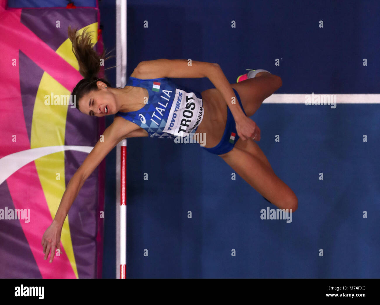 Italy's Alessia Trost in action during the Women's High Jump during day one of the 2018 IAAF Indoor World Championships at The Arena Birmingham, Birmingham. PRESS ASSOCIATION Photo. Picture date: Thursday March 1, 2018. See PA story ATHLETICS Indoor. Photo credit should read: Simon Cooper/PA Wire. Stock Photo