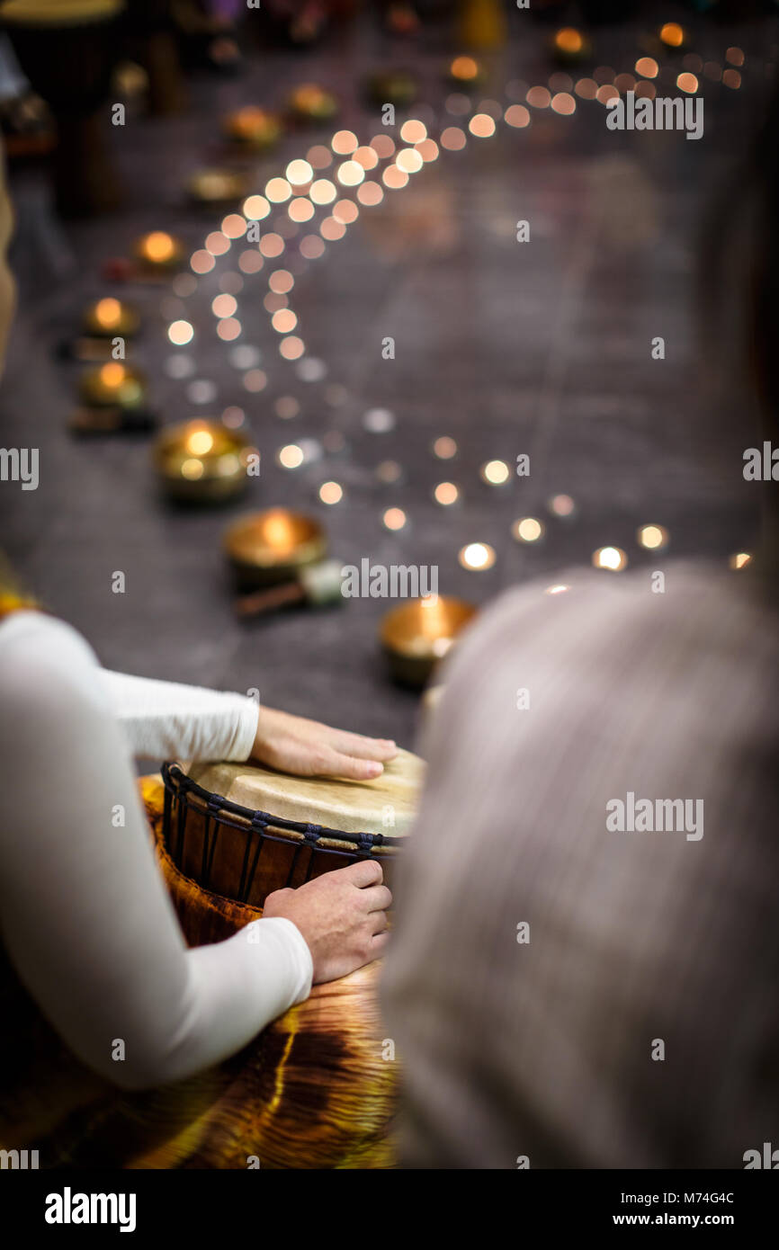Group of people playing on drums therapy by music Stock Photo Alamy