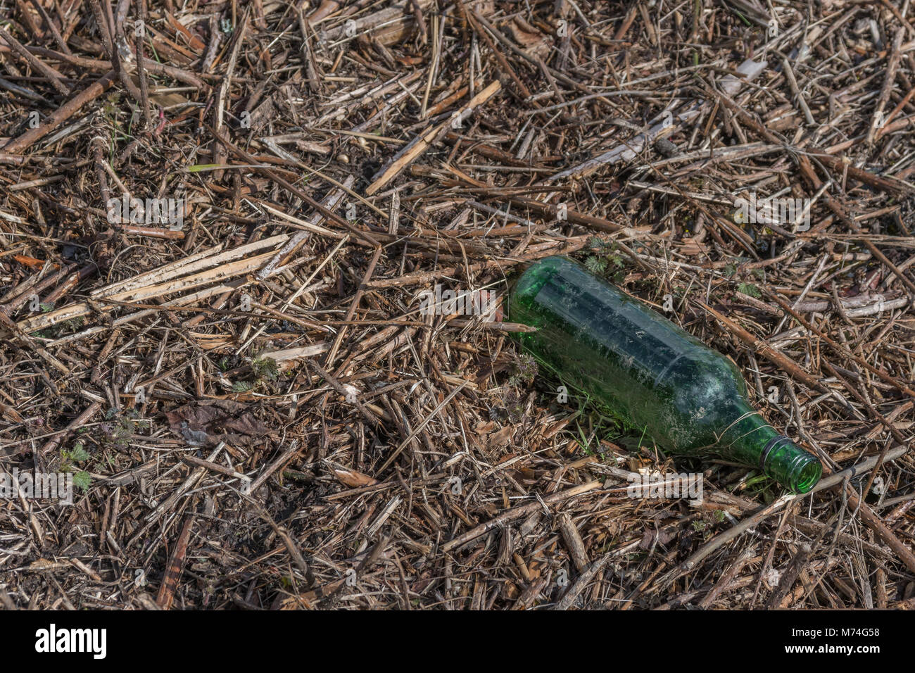 Discarded green glass wine or spirit bottle metaphor for