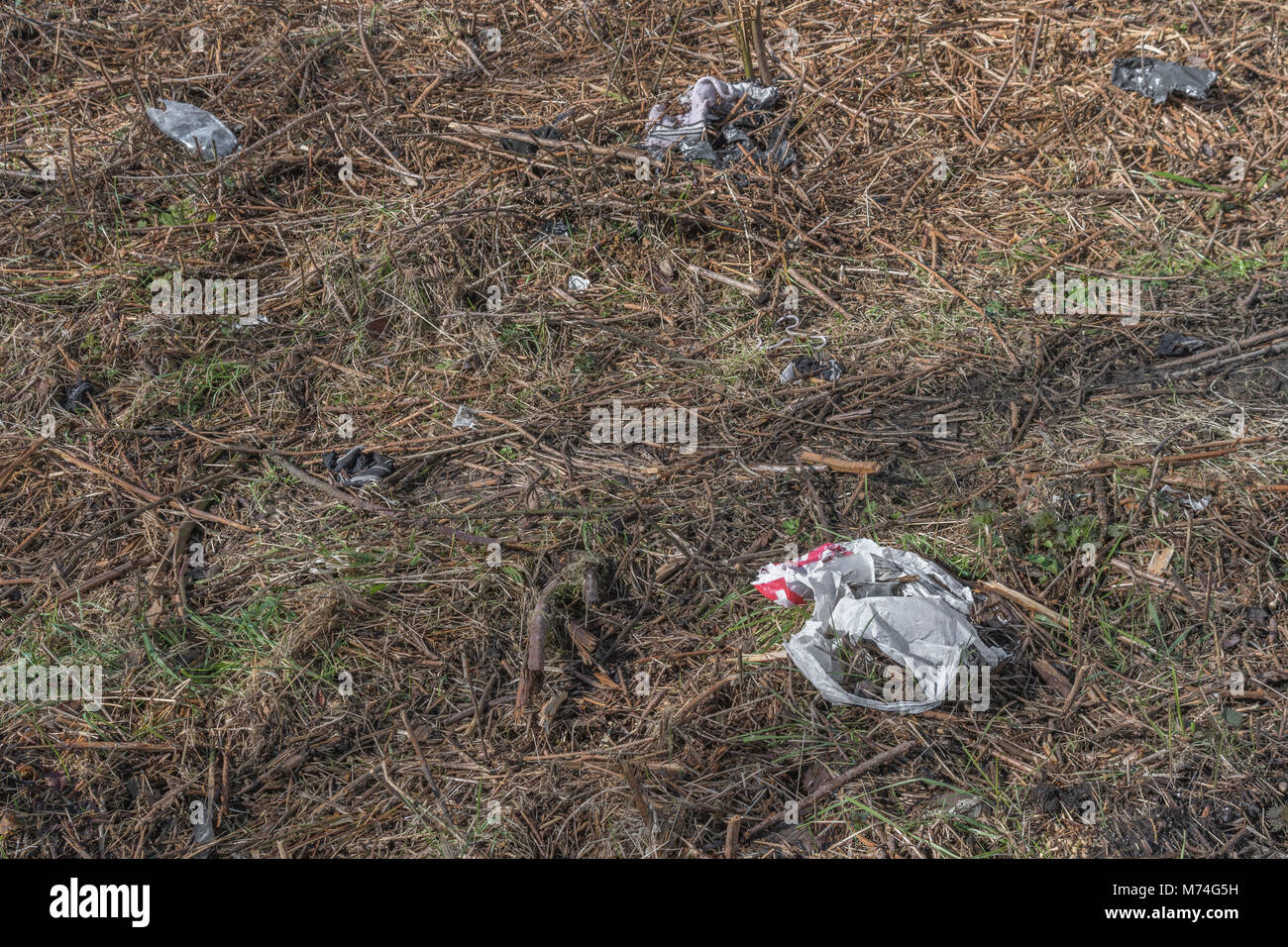 Everyday plastic items thrown into the environment as waste. Metaphor war on plastic, plastic rubbish. Stock Photo