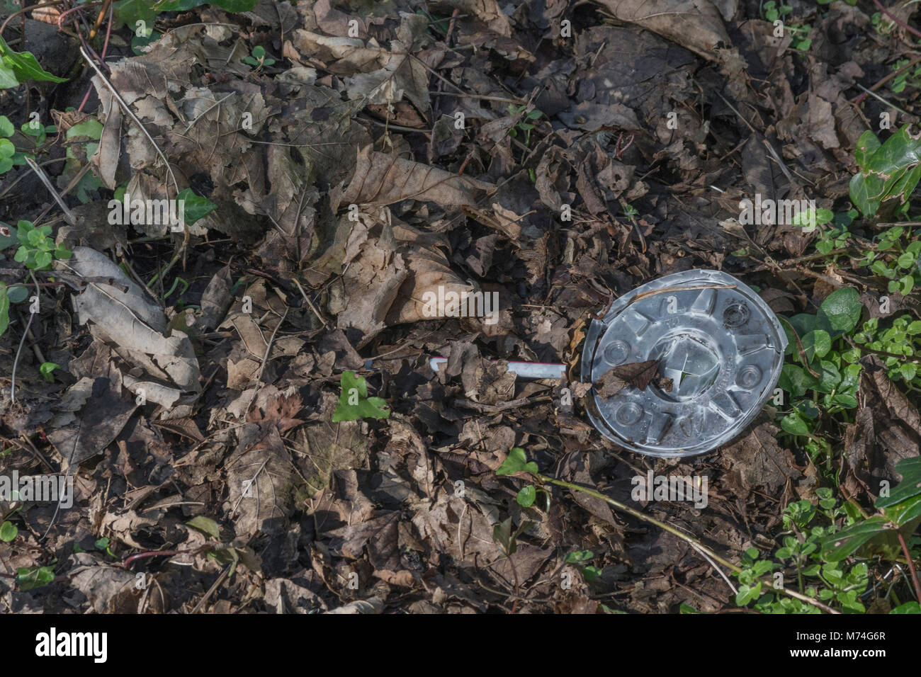 Everyday plastic items (plastic straw and cup lid) thrown into the environment as waste. Metaphor war on plastic, plastic rubbish. Stock Photo