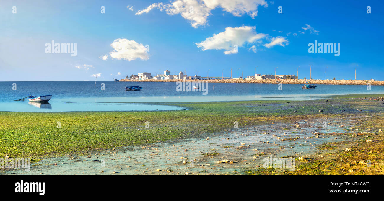 Panoramic landscape with bay and view of tunisian fishing village. Tunisia, North Africa Stock Photo