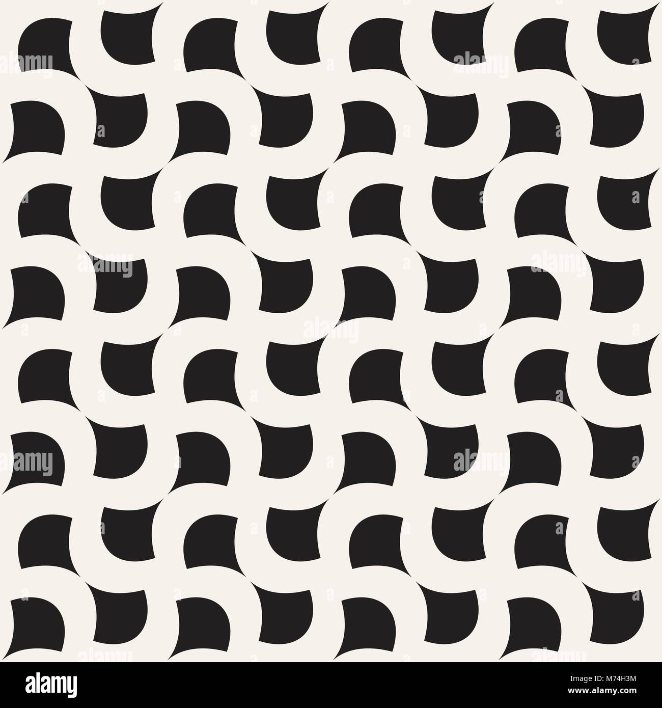 Vector geometric seamless pattern with curved shapes grid. Abstract monochrome rounded lattice texture. Modern repeating background design Stock Vector