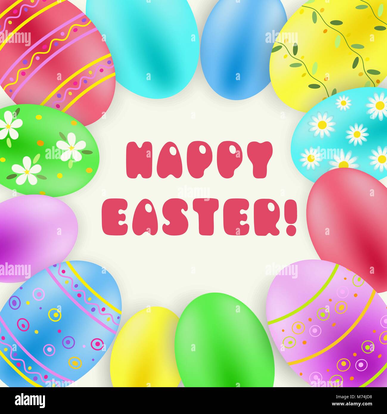Happy Easter vector background with purple, blue, pink, green, yellow, turquoise painted eggs Stock Vector