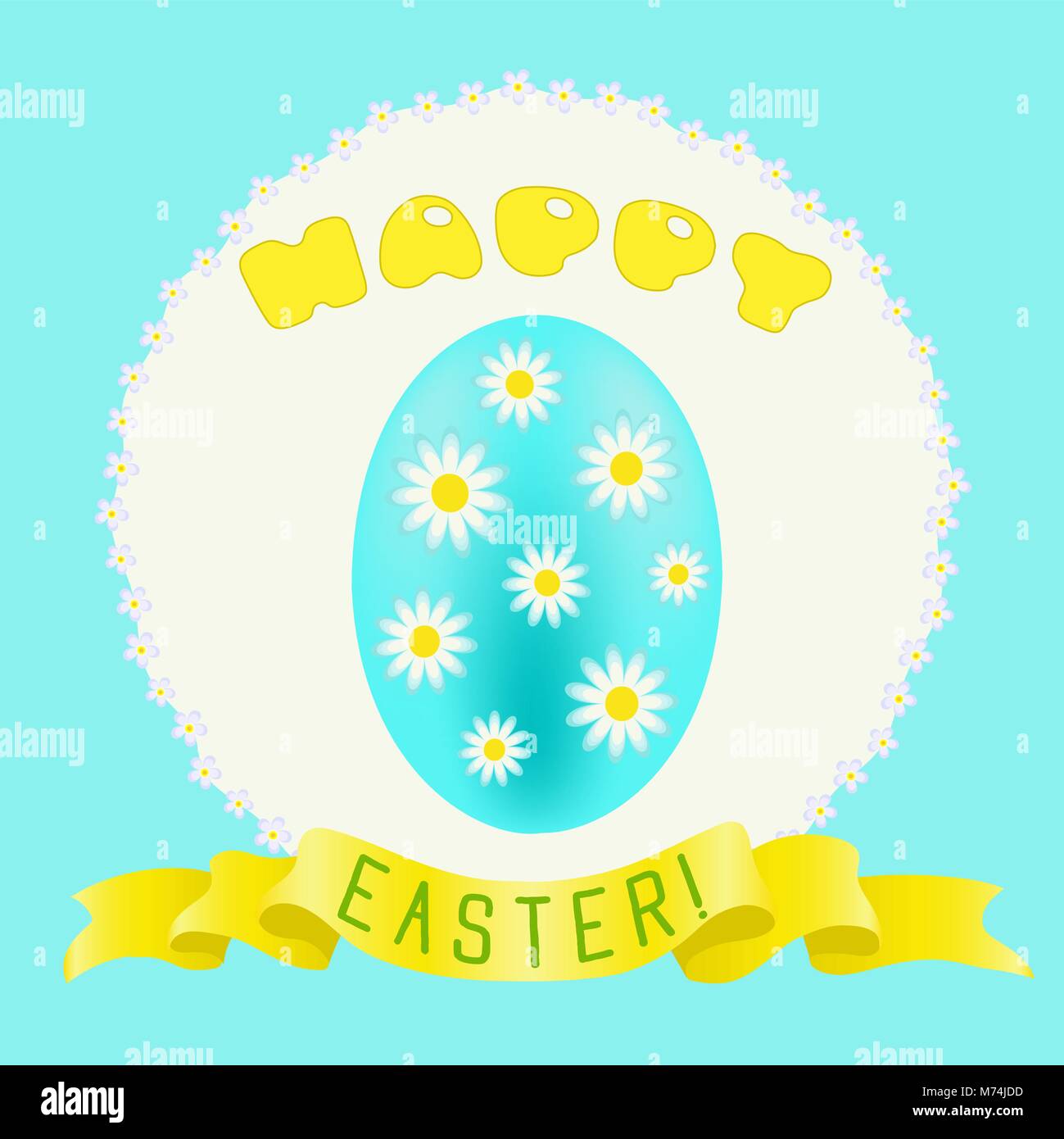 Happy Easter greeting with turquoise painted egg and golden ribbon Stock Vector