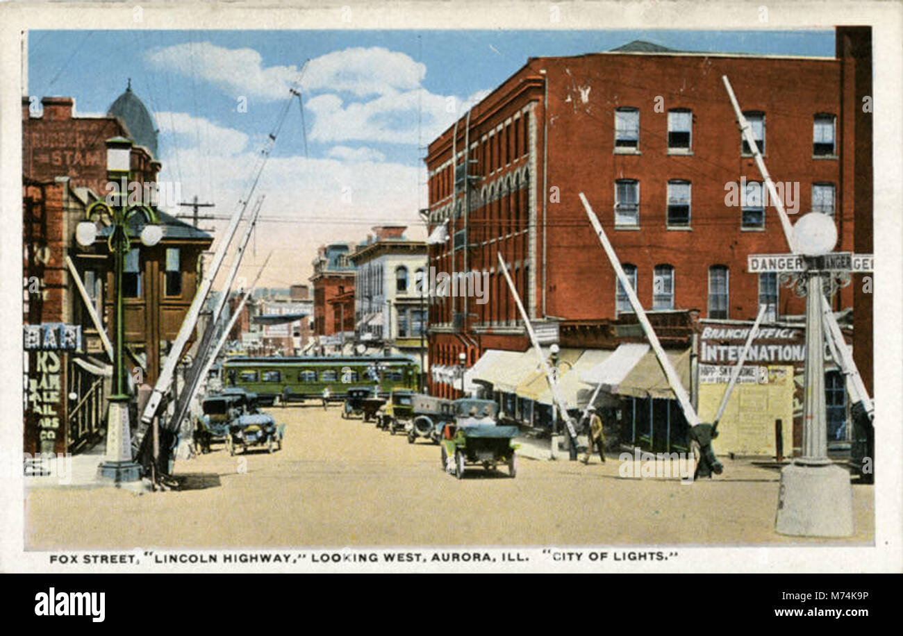 A historical street scene showing Fox Street along the Lincoln Highway ...