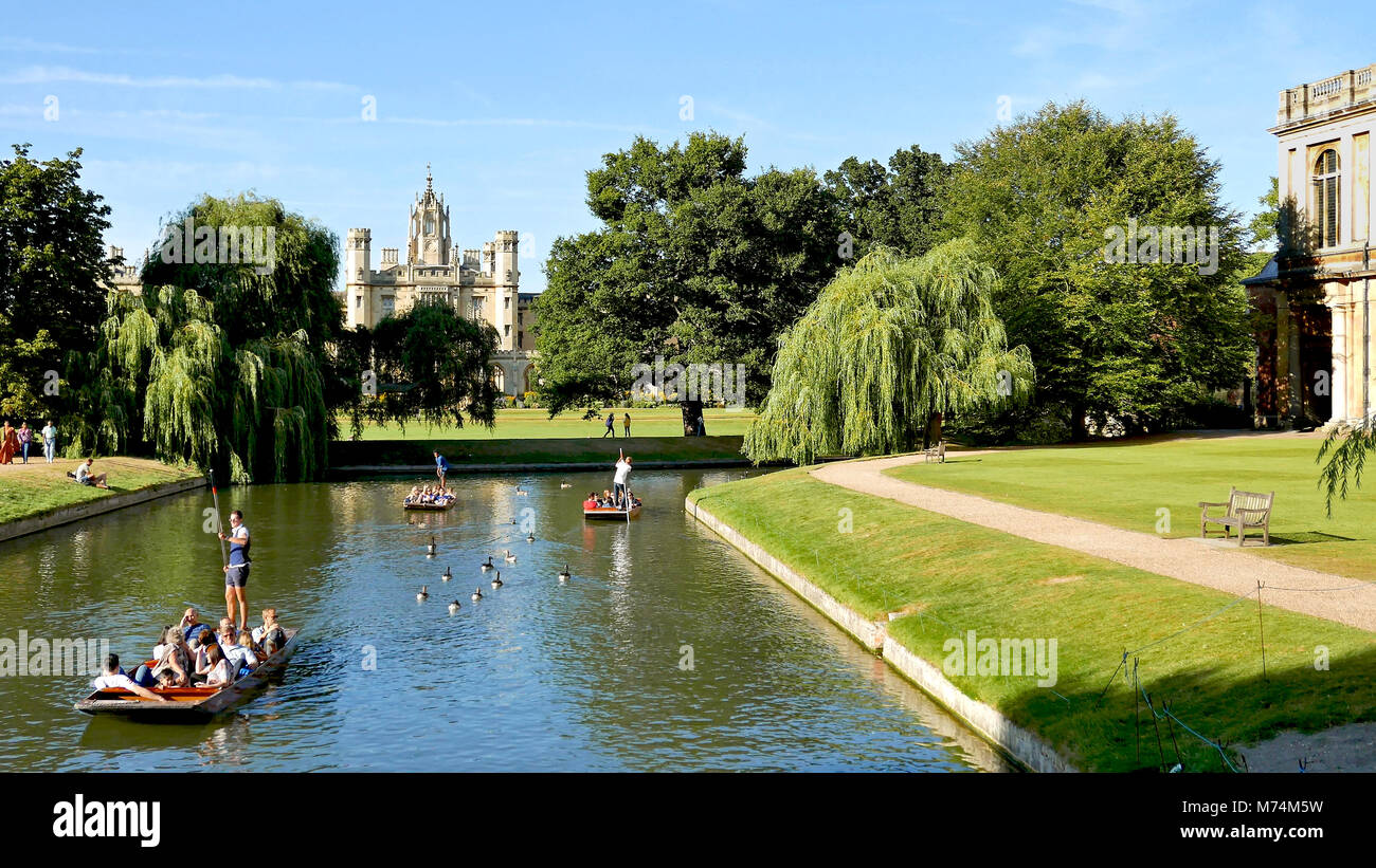 Punting on River Cam past Trinity College and St John's College, Summer Stock Photo