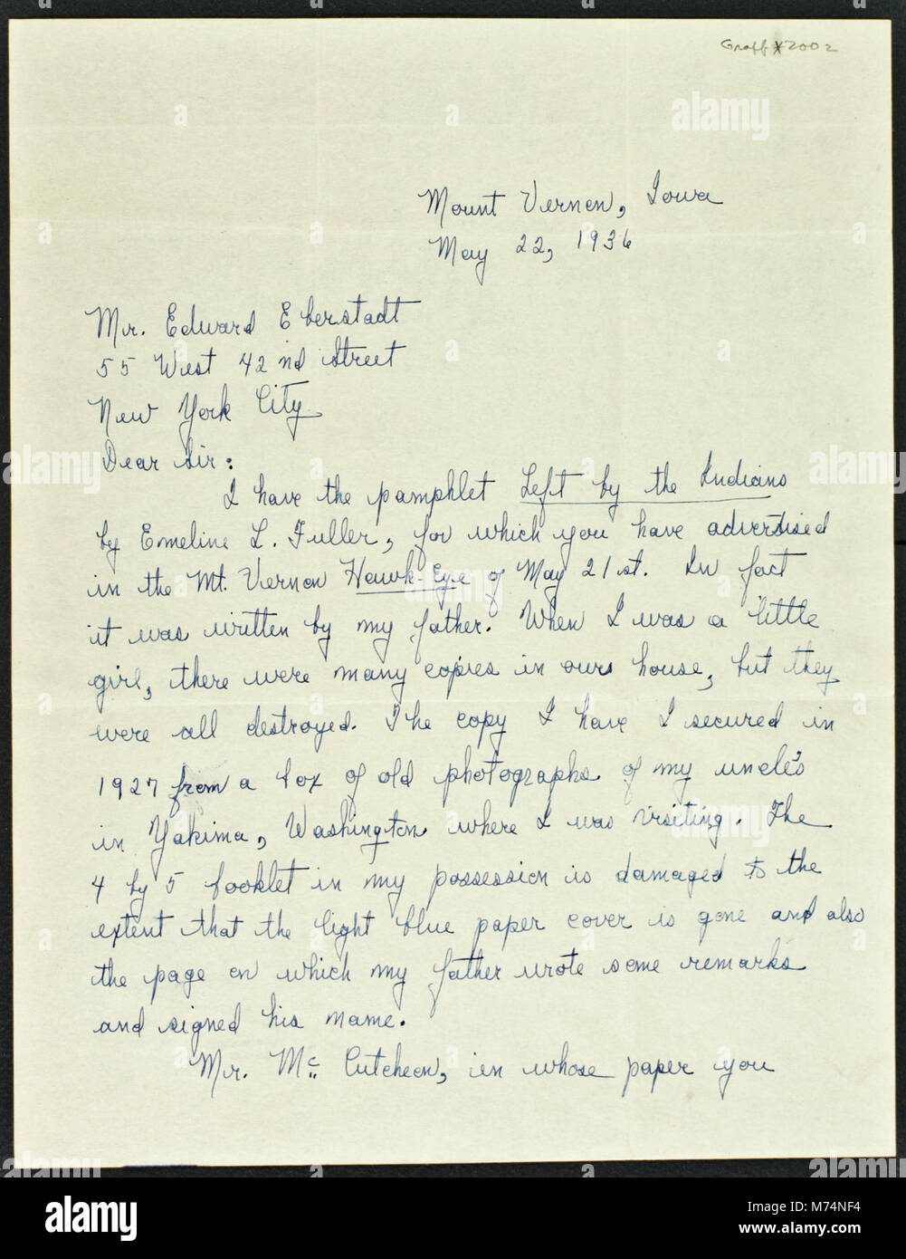 Geraldine Hughes letter to Edward Eberstadt, 1936 (NBY 19069) Stock Photo