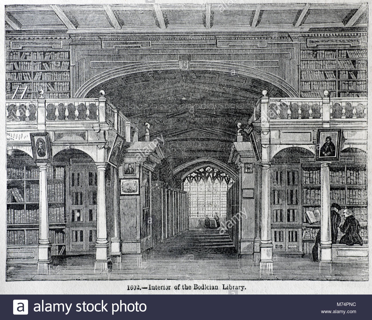 Interior of the Bodleian library, University of Oxford 1602, antique engraving from 1860 Stock Photo