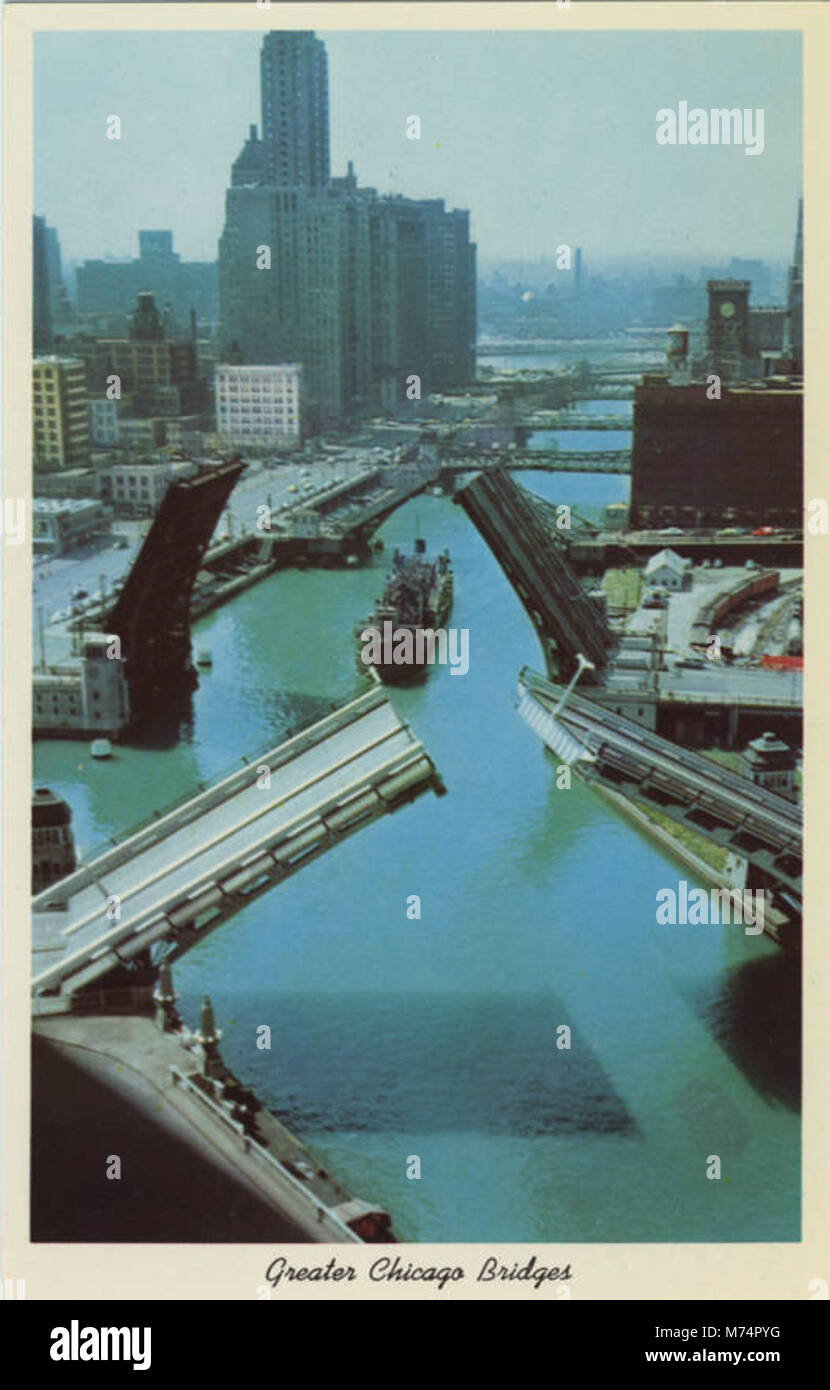 This photograph showcases the bridges spanning the Chicago River, part ...