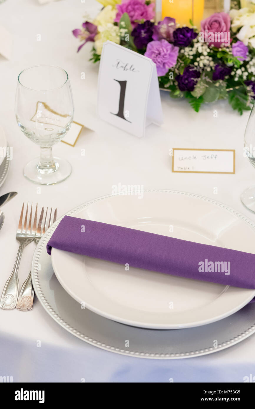 Wedding Plates on Dinner Tables Stock Photo
