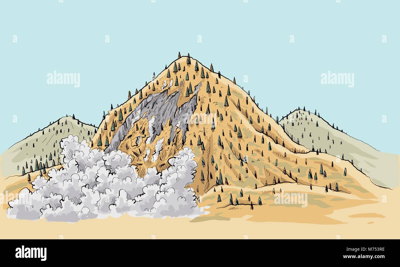 A cartoon landslide on a small mountain in the remote wilderness. Stock Vector