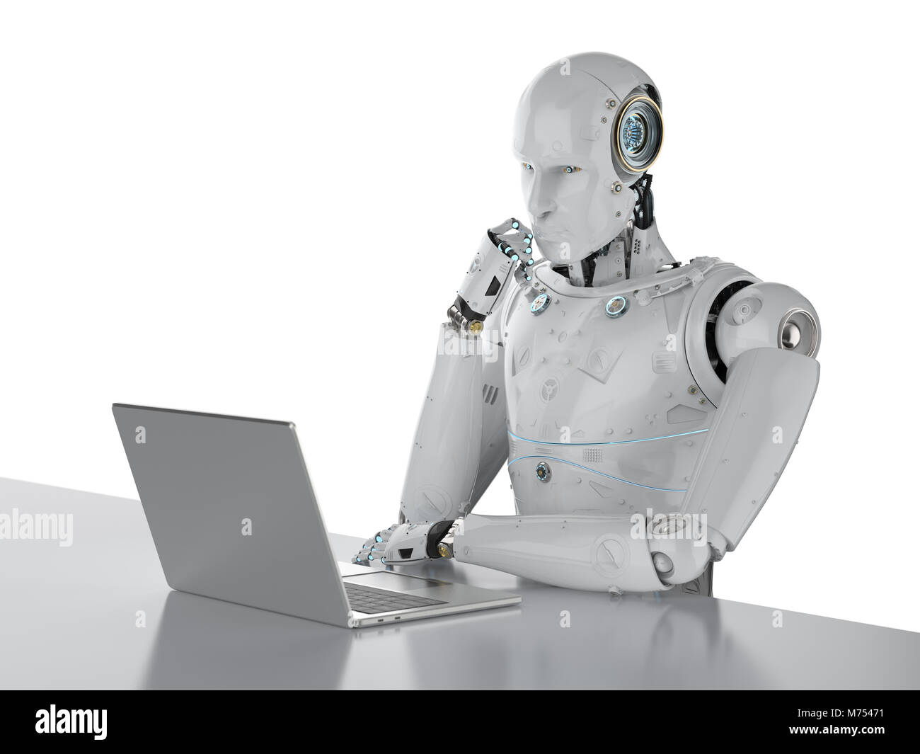 3d rendering humanoid robot working on laptop computer Stock Photo
