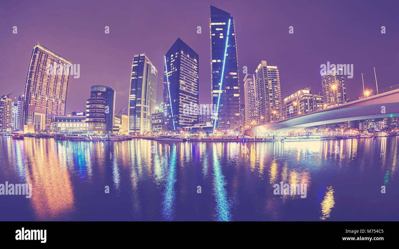 Fisheye lens picture of Dubai Marina at night, color toned picture, United Arab Emirates. Stock Photo