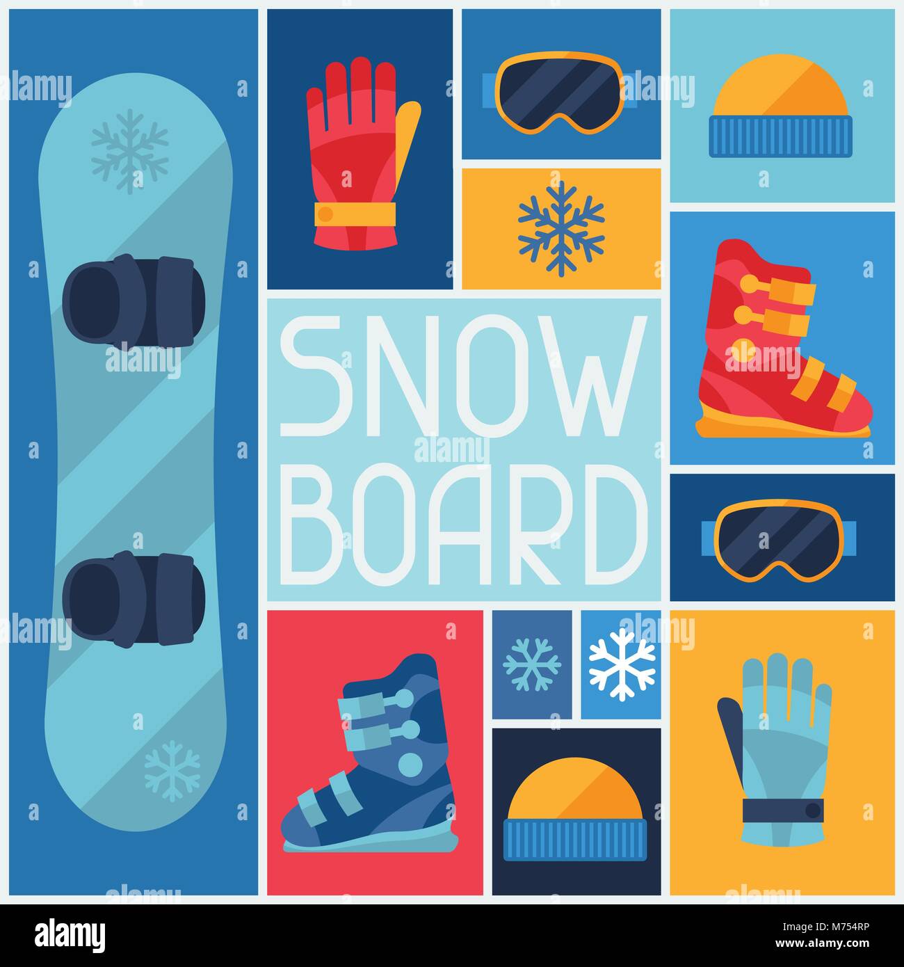 Sports background with snowboard equipment flat icons Stock Vector ...