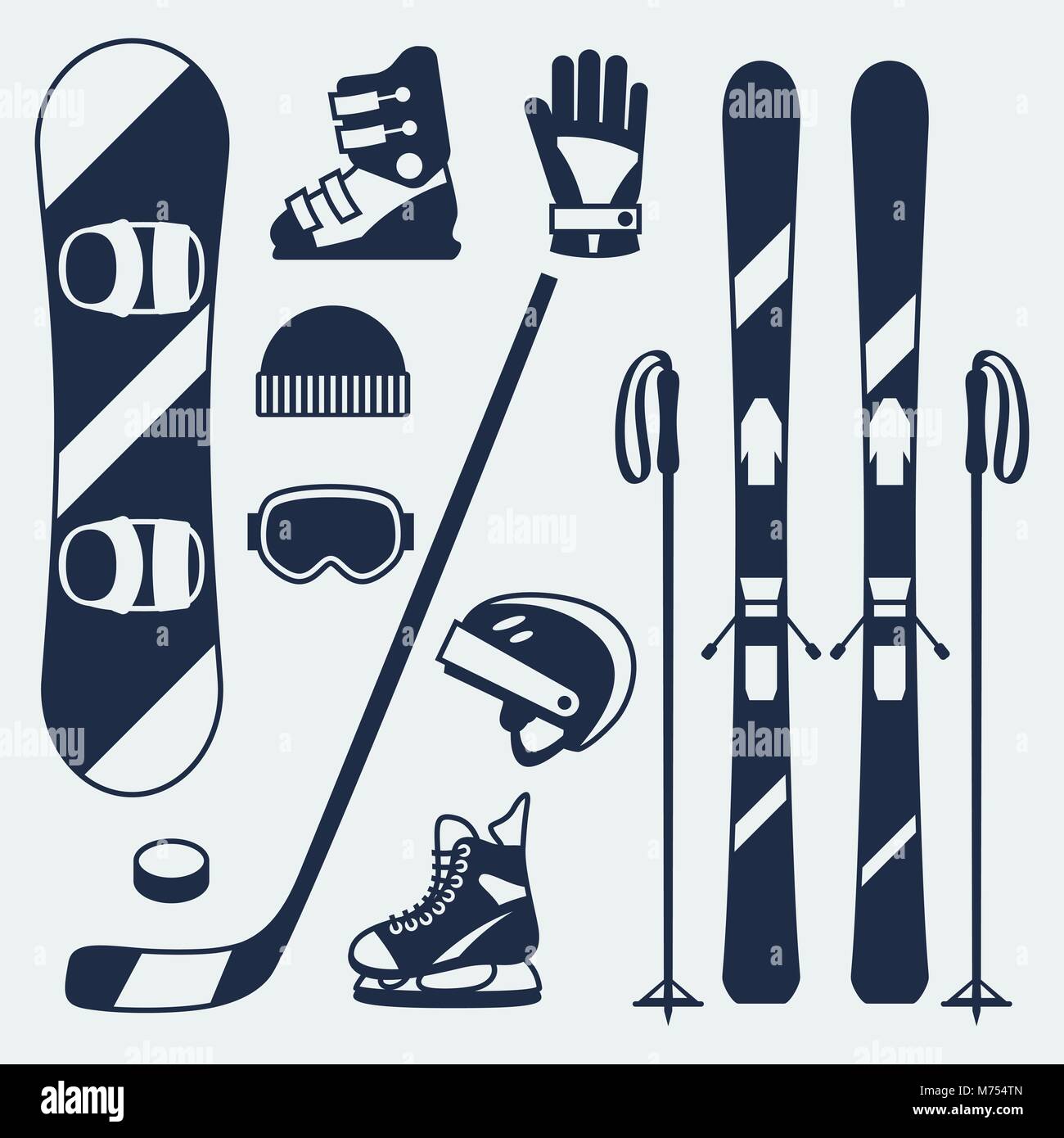 Winter sports equipment icons set in flat design style Stock Vector