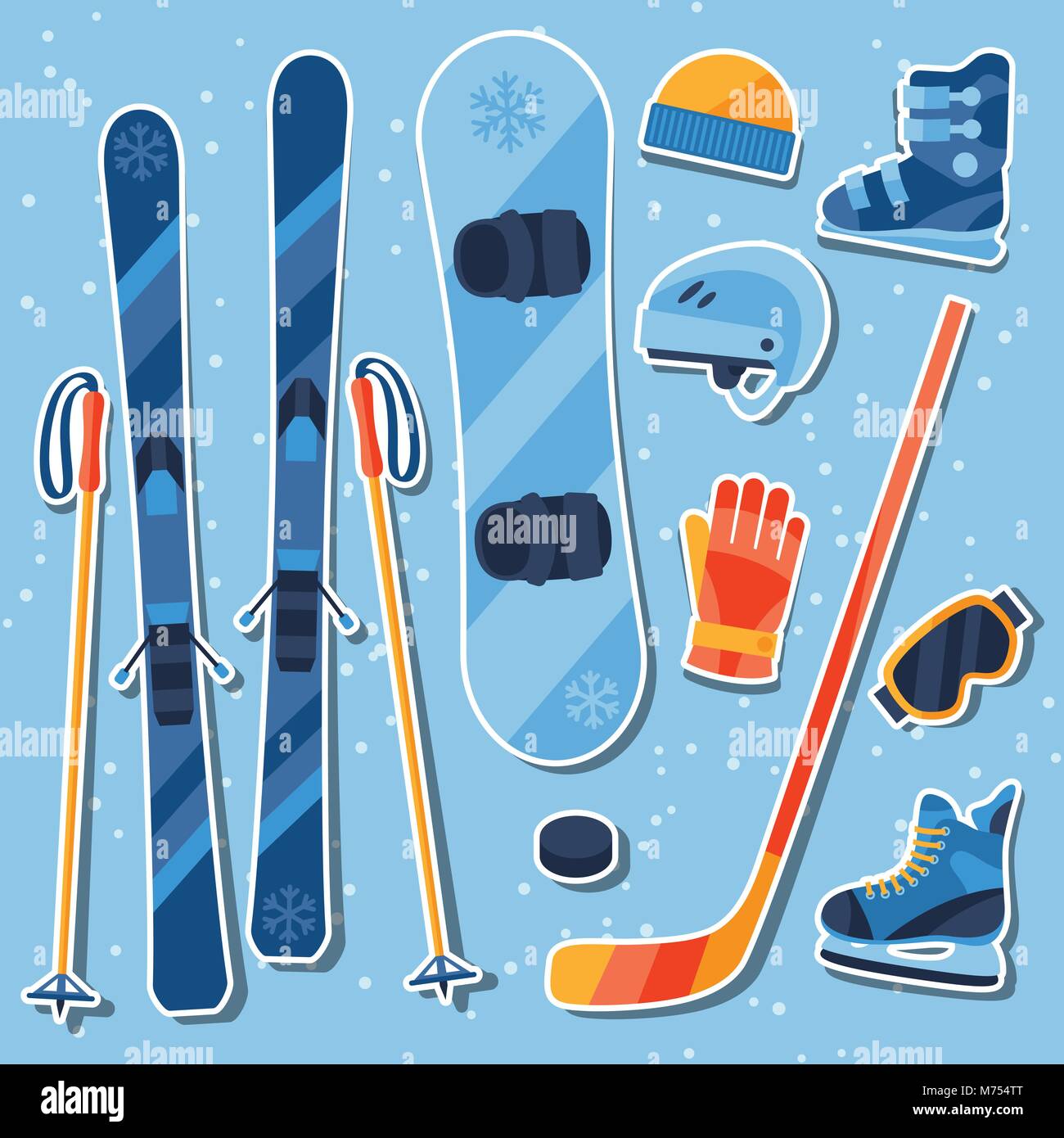 Winter sports equipment sticker icons set in flat design style Stock Vector