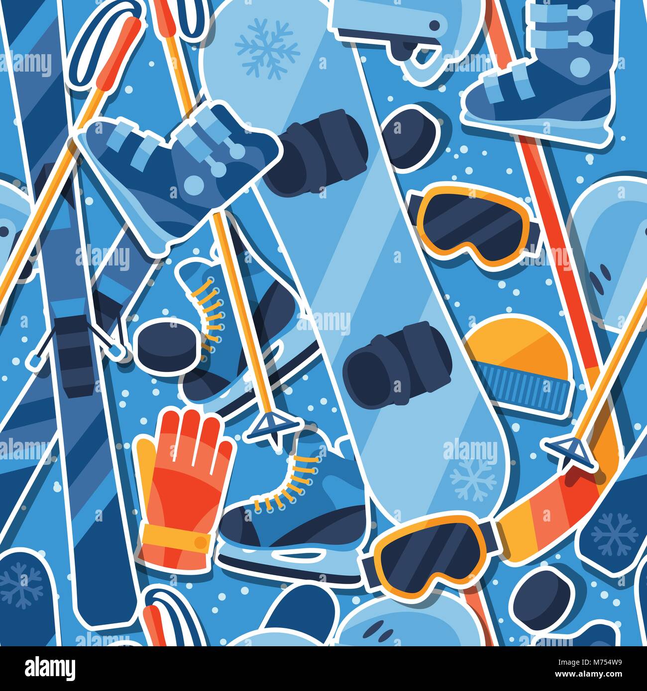 Winter sports seamless pattern with equipment sticker icons Stock Vector