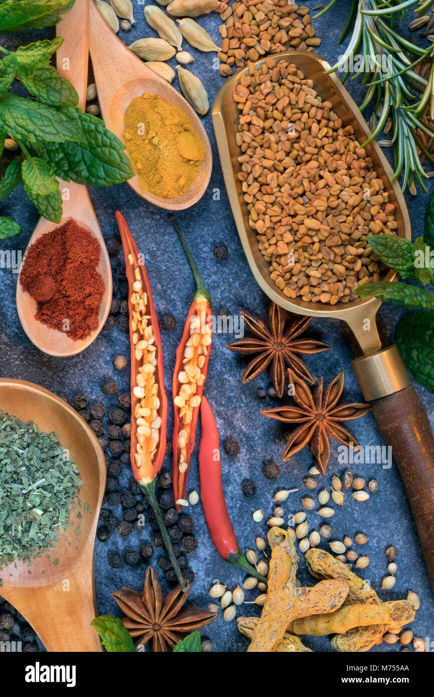 Herbs and spices used to add flavor when cooking. Stock Photo