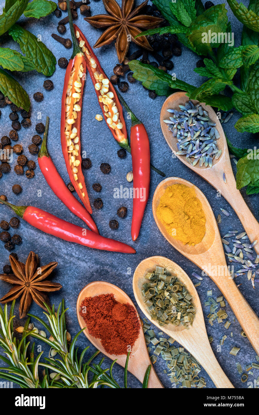 Herbs and spices used to flavor cooking. Stock Photo