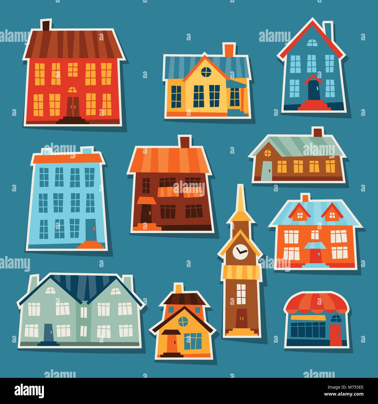 Town icon set of cute colorful houses Stock Vector