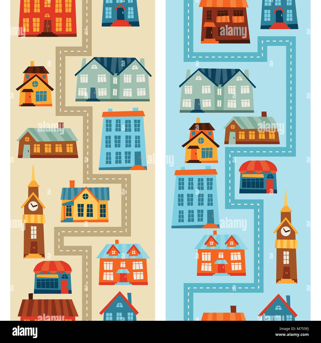 Town seamless patterns with cute colorful houses Stock Vector