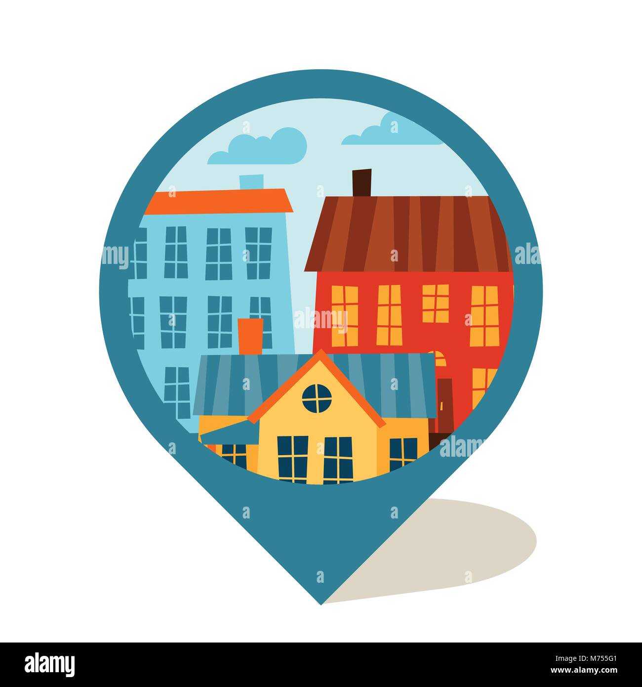 Cityscape navigation marker with cute colorful houses Stock Vector