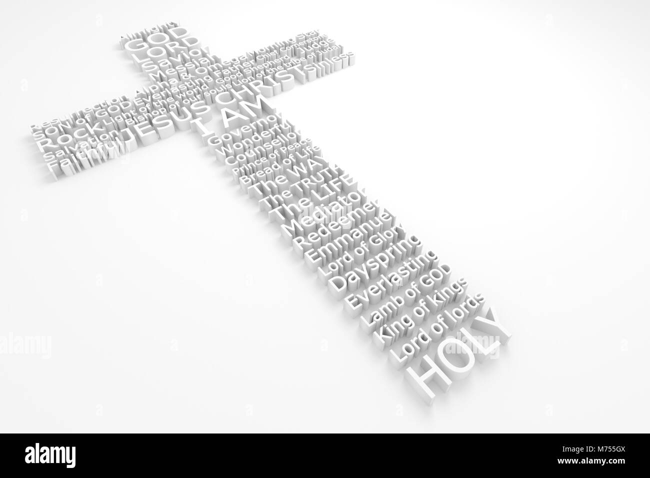 3D Cross Made Composed of The Many Biblical Names of JESUS CHRIST Stock Photo